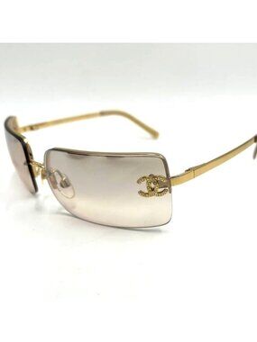 Chanel Vintage Sunglasses Rhinestone CC Logo Rimless Gradient Gold Y2